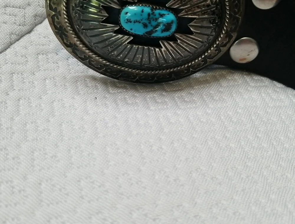 Navajo Sterling Silver Turquoise Shadowbox Belt Buckle Leather Belt
